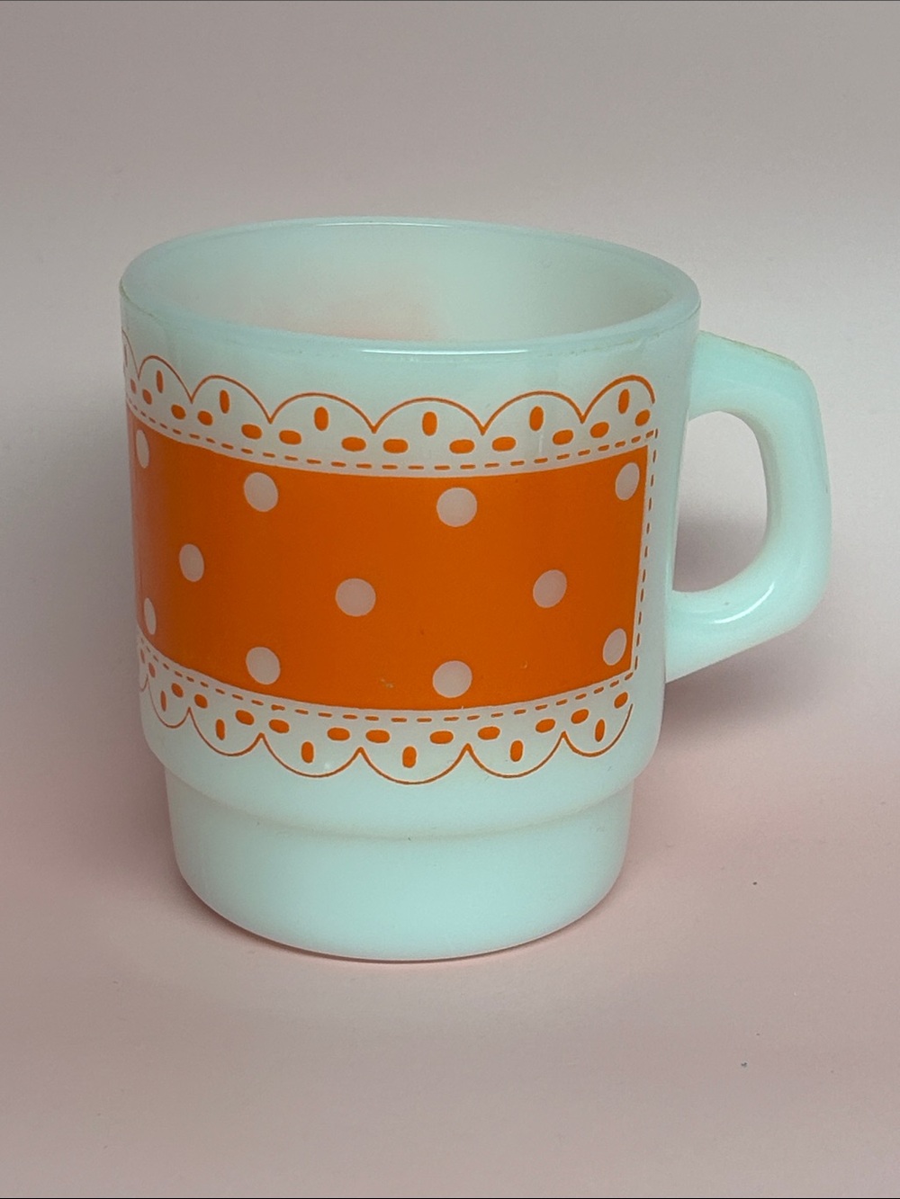 Fire King Anchor Hocking ORANGE POLKA DOTS Lace Milk Glass Coffee Mug Stackable